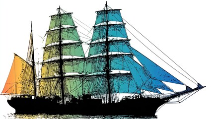 A multi-masted sailing vessel, its sails tinted with gradient hues, sails upon calm waters