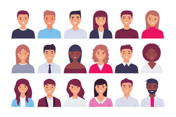 Diverse Portrait Collection: A vibrant illustration showcasing a diverse array of people, each with a unique expression and identity, representing a rich tapestry of human faces. 