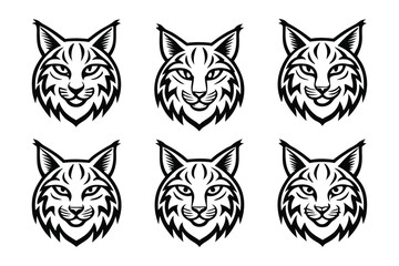 Six stylized black and white bobcat head logos in a grid