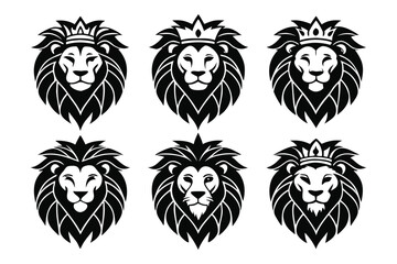 Six stylized black and white lion head logos with crowns