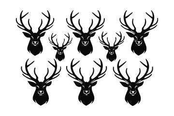 Collection of stylized black deer head silhouettes with antlers