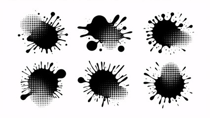Six Abstract Black Ink Splatter Designs; Halftone and Solid; Graphic Design Elements