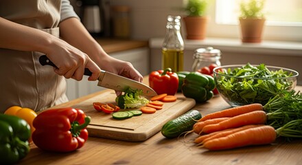 Preparing Fresh Salad: Slicing Vegetables on Wooden Board in Bright Kitchen Light