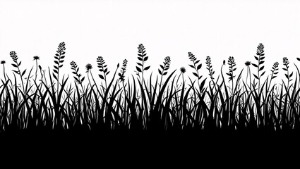 Black and white stylized grass and wildflowers silhouette; seamless border design; minimalist nature illustration.