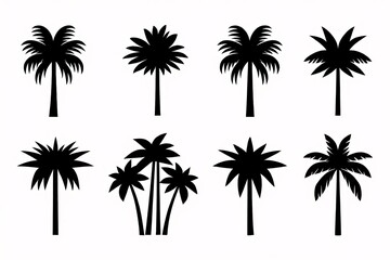 Obraz premium Collection of Eight Black Silhouette Palm Trees: Tropical, Summer, Vacation, Minimalist Design Elements