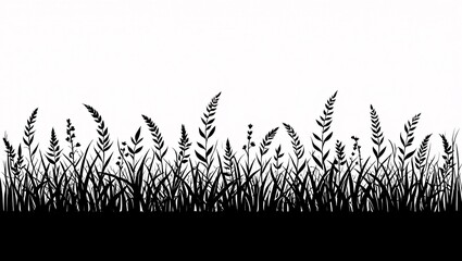 Black and white silhouette of tall grass and wildflowers, minimalist nature border, elegant botanical illustration.