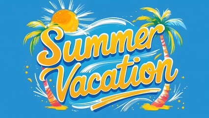 Vibrant Summer Vacation lettering with tropical palm trees and sun on a blue background. Playful holiday typography design for travel promotions, banners, and greeting cards.