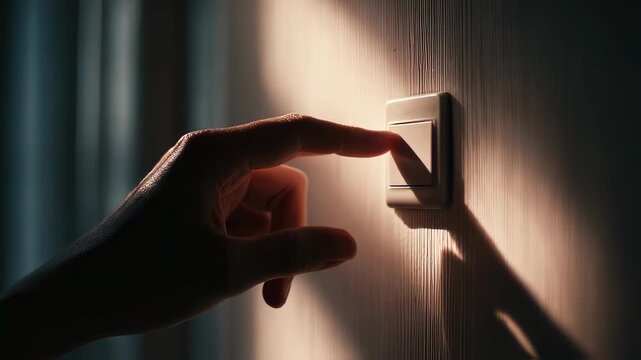 In a closeup view a hand gently presses a minimalist toggle switch showcasing the motion of the fingertips. The play of light and shadow on the hand creates an elegant silhouette with