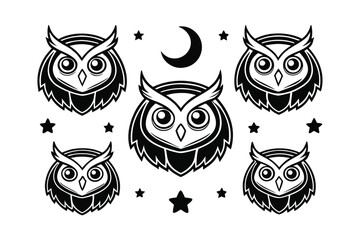Stylized owl heads and celestial elements in black and white