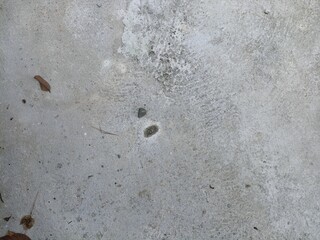 Subtle Concrete Ground with Debris. An overhead view of a light grey concrete surface with subtle textures, scattered small debris, and dry leaves