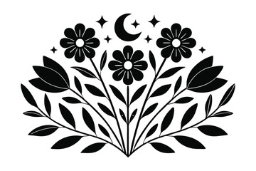 Celestial floral arrangement with moon and stars in black and white