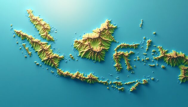 Detailed Topographical Map of Indonesia Showing Green Landforms and Blue Waters. - Powered by Adobe
