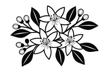 Elegant black and white floral arrangement with blossoms and leaves