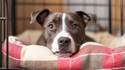 Sad Dog Looking Out from a Cozy Dog Bed in a Crate