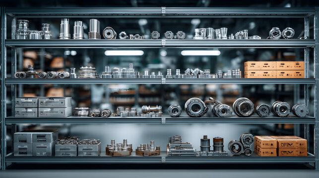 Details of different auto parts neatly arranged on display shelves in the store - Powered by Adobe