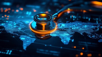 Stethoscope Overlaid on Digital World Map Representing Healthcare Innovation