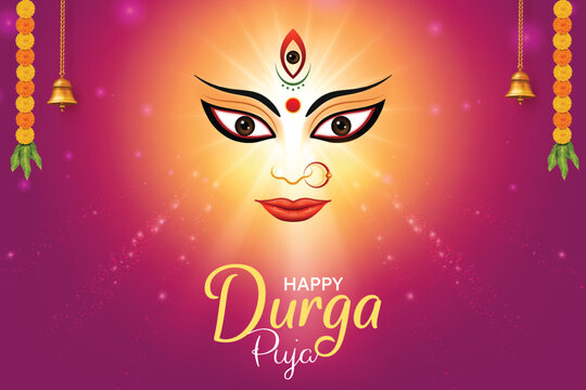 Illustration of Goddess Durga on Pink Background With Flower Garland and Hanging Bells. Indian Hindu Festival Concept For Greetings, Poster, Banner Etc.