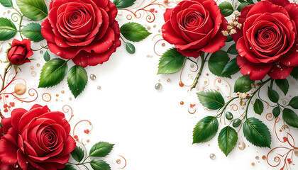 Lush Red Roses with Green Leaves Dew Drops and Elegant Swirls.