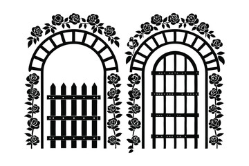 Fototapeta premium Black silhouette of rose covered garden arches with gate and window
