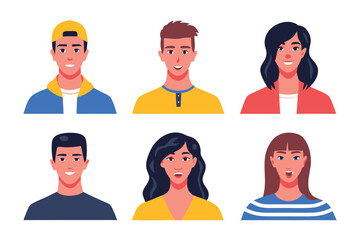 Fototapeta premium Diverse Avatar Set: Collection of six diverse and expressive avatar illustrations, ideal for online profiles, websites, or app interfaces. Each avatar showcases a unique hairstyle, facial expression.