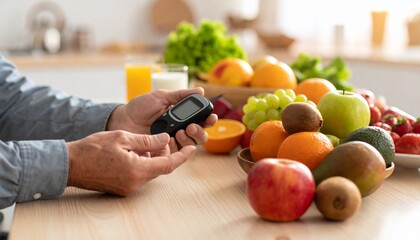 Person checks blood sugar with a glucose meter, surrounded by fresh, healthy fruits.