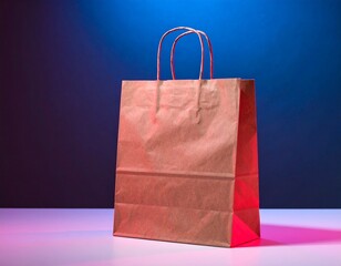 Bold Minimalist Kraft Paper Bag on Neon Studio Background, a Modern Concept for Packaging or Branding Mockup
