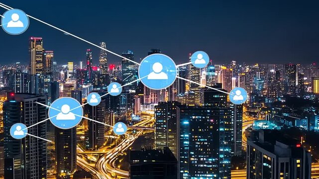 Night cityscape with illuminated skyscrapers and digital network icons representing connectivity - Powered by Adobe