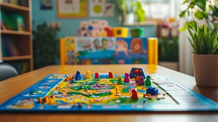 Fototapeta premium Colorful Board Game with Game Pieces on a Wooden Table in Classroom