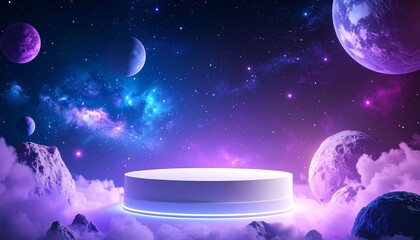 Galactic Product Pedestal in Nebula Skyscape, a Surreal Sci-Fi Scene for Branding or Imaginative Showcase

