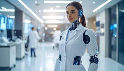 A female humanoid robot in a lab coat stands in a modern laboratory, showcasing advanced technology and scientific research.