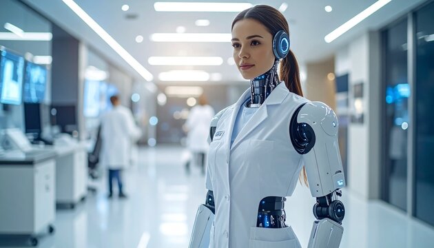 A female humanoid robot in a lab coat stands in a modern laboratory, showcasing advanced technology and scientific research.