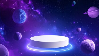 Outer Space Inspired White Podium with Fantasy Cosmos Background, a Mystical Visual for Tech or Beauty Promotions