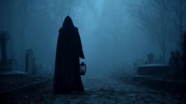 Closeup A mysterious figure, cloaked in a dark hood, walks through a foggy cemetery, their steps silent as they pass the graves. In their hand, they carry a lantern, its light flickering