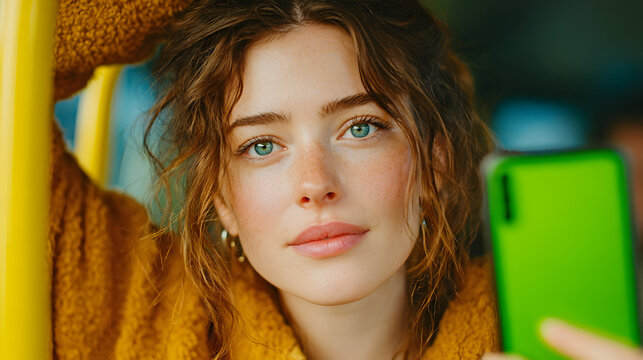 Young woman on public transport using smartphone