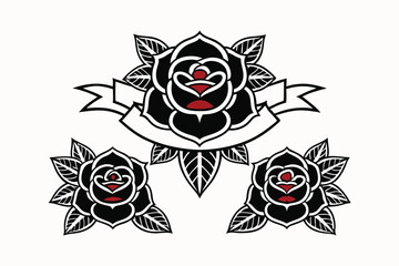 Traditional black roses with red accents and banner tattoo design