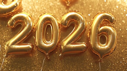 Shimmering Golden Balloons Spell Out '2026' for a Celebratory Background