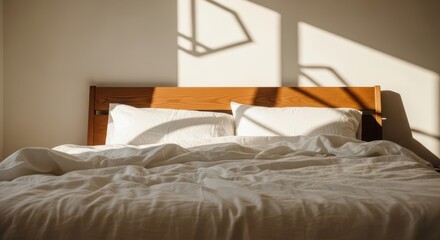 Photo of sunlight streams into a cozy bedroom, casting geometric shadows on the wall and illuminating a neatly made bed