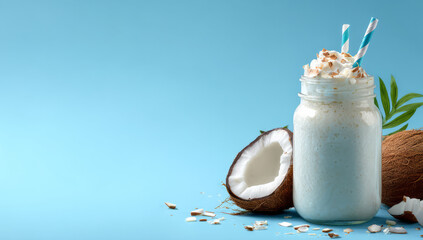 Creamy coconut smoothie in jar with striped straws, surrounded by coconut halves and flakes