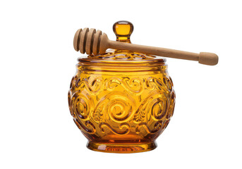 Ornate amber glass honey pot with wooden dipper isolated on transparent background