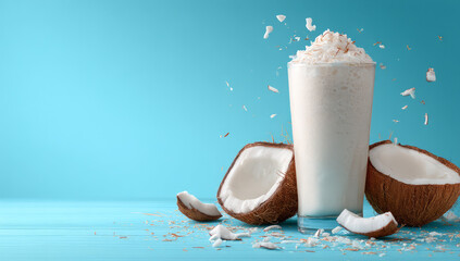 Creamy coconut milkshake topped with shredded coconut, surrounded by fresh coconuts