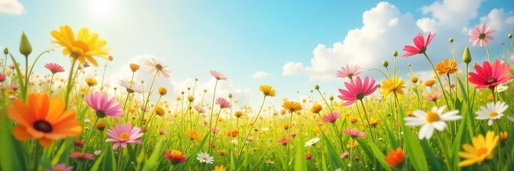 Fototapeta premium Sun-Drenched Wildflowers Swaying Gently in Spring Breeze Renewal, Freedom, and Natural Beauty