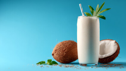Creamy coconut drink in tall glass with straw, garnished with leaves, evokes tropical vibes