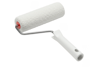 White paint roller with metal handle and red end caps isolated on transparent background