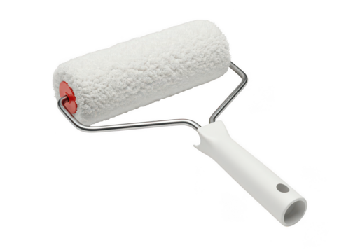White paint roller with metal handle and red cap isolated on transparent background