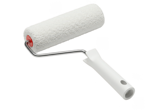 White paint roller with metal handle and red end caps isolated on transparent background
