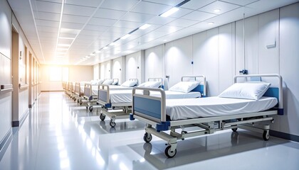 Empty hospital ward with rows of pristine beds bathed in sunlight.