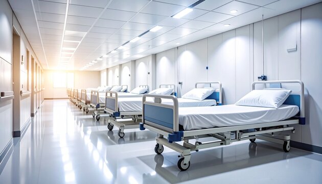 Empty hospital ward with rows of pristine beds bathed in sunlight.