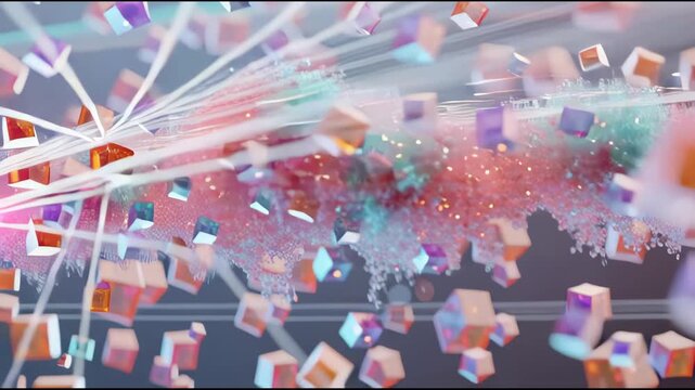 A vibrant, abstract scene featuring colorful, translucent cubes suspended in a dreamy, sparkling environment.