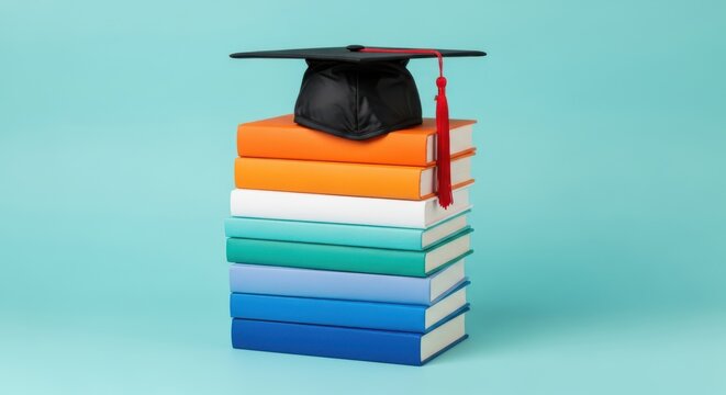 Photo of a graduation cap rests on a stack of colorful books against a teal background