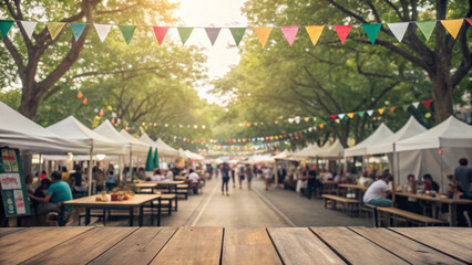 Picnic in the park for fun family. Outdoor market wooden table colorful bunting white tents people trees sunlight festive summer park,outdoor activity summer vacation, travel and adventure holiday